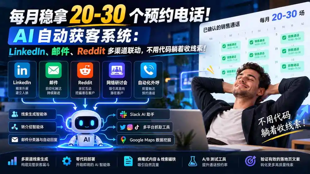 每月稳拿 20-30 个预约电话！AI 自动获客系统：LinkedIn、邮件、Reddit 多渠道联动，不用代码躺着收线索！
