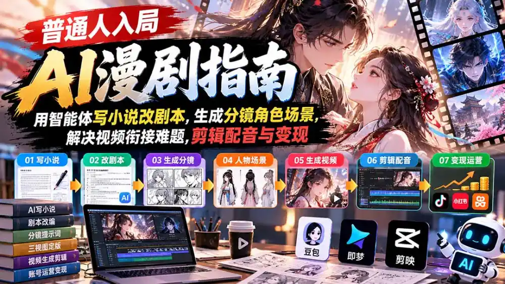 【无水印】普通人入局AI漫剧指南：用智能体写小说改剧本，生成分镜角色场景，解决视频衔接难题，剪辑配音与变现