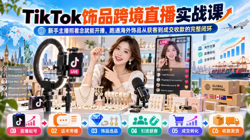 TikTok饰品跨境直播实战课，新手主播照着念就能开播，跑通海外饰品从获客到成交收款的完整闭环