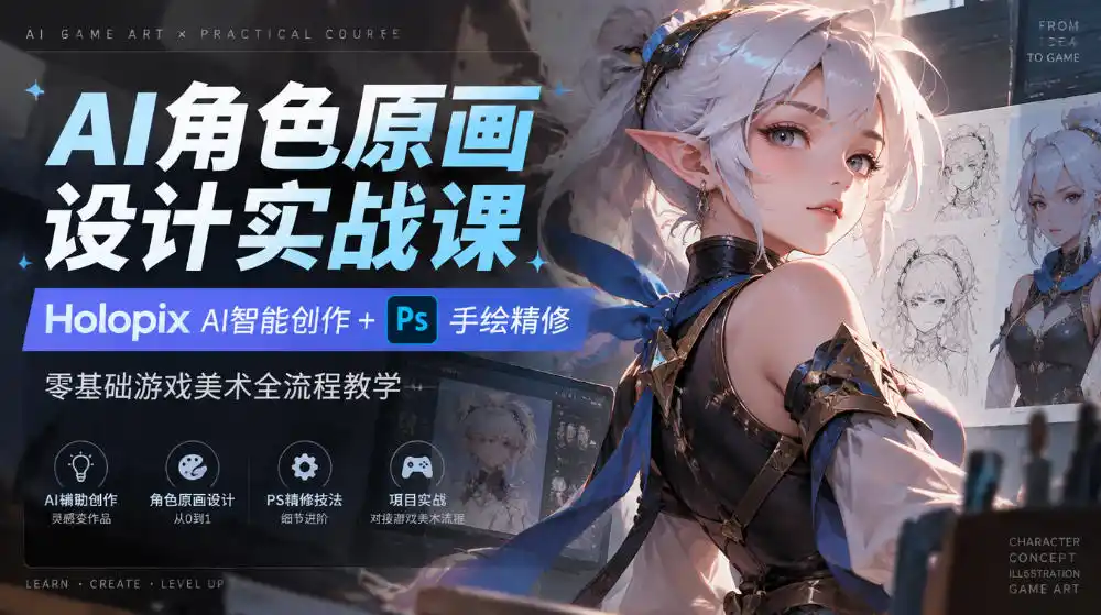 AI角色原画设计实战课｜Holopix AI智能创作+PS手绘精修，零基础游戏美术全流程教学