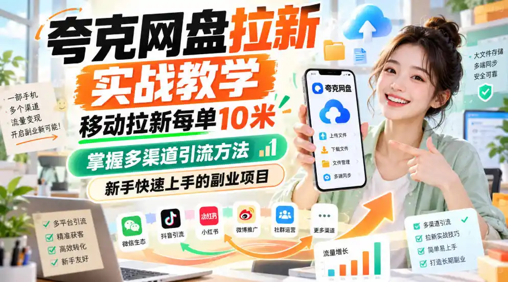 夸克网盘拉新实战教学，移动拉新每单10米，掌握多渠道引流方法，新手快速上手的副业项目(更新1017)