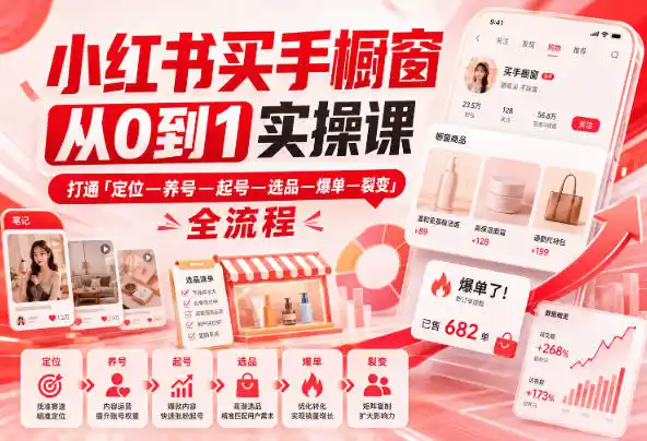 小红书买手橱窗从0到1实操课，打通「定位—养号—起号—选品—爆单—裂变」全流程