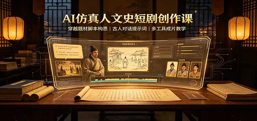 AI仿真人文史短剧创作课：穿越题材脚本构思，古人对话提示词，多工具成片教学