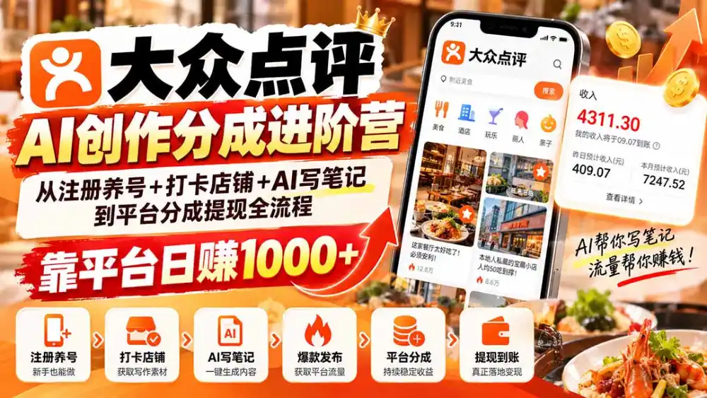 大众点评AI创作分成进阶营：从注册养号+打卡店铺+AI写笔记到平台分成提现全流程，靠平台日赚1000+