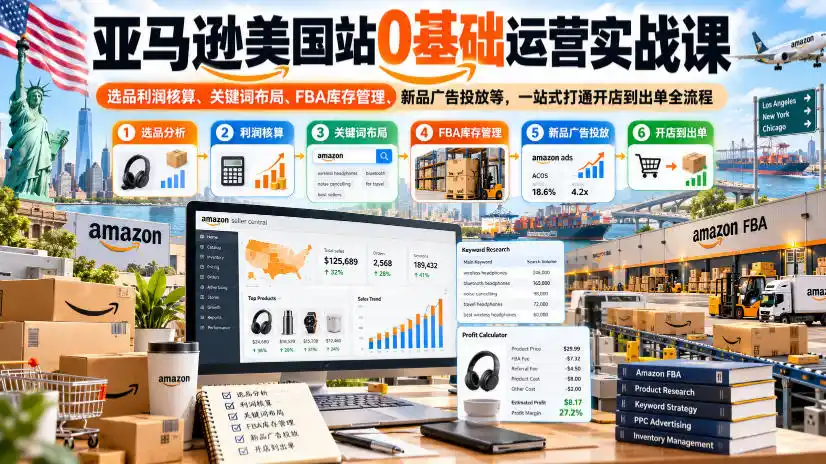 亚马逊美国站0基础运营实战课｜选品利润核算、关键词布局、FBA库存管理、新品广告投放等，一站式打通开店到出单全流程