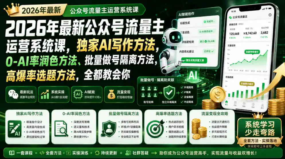 2026年最新公众号流量主运营系统课，独家AI写作方法，0-AI率润色方法、批量做号隔离方法、高爆率选题方法，全都教会你(更新1009)