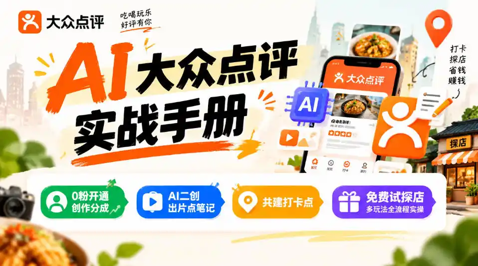 某局的AI大众点评实战手册，0粉开通创作分成、AI二创出片点笔记、共建打卡点、免费试探店多玩法全流程实操