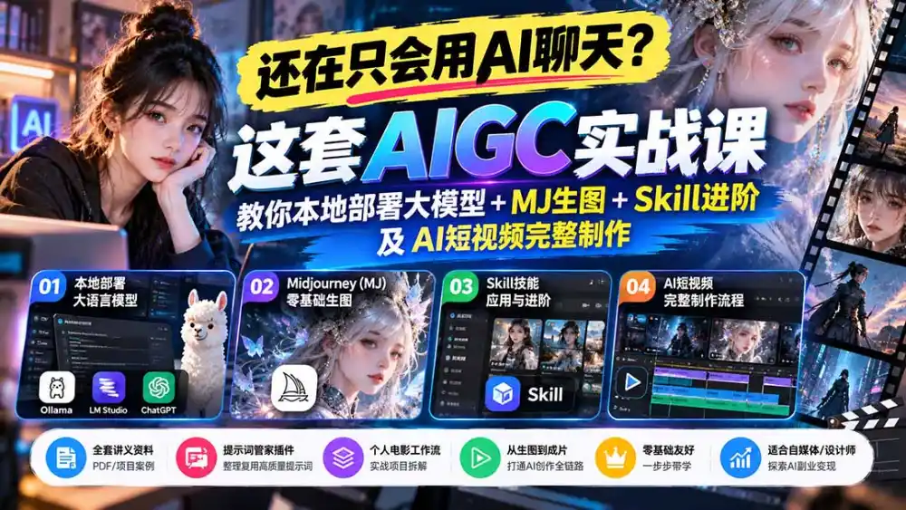 【无水印】还在只会用AI聊天？这套AIGC实战课教你本地部署大模型+MJ生图+Skill进阶及AI短视频完整制作
