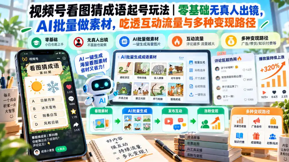 视频号看图猜成语起号玩法｜零基础无真人出镜，AI批量做素材，吃透互动流量与多种变现路径