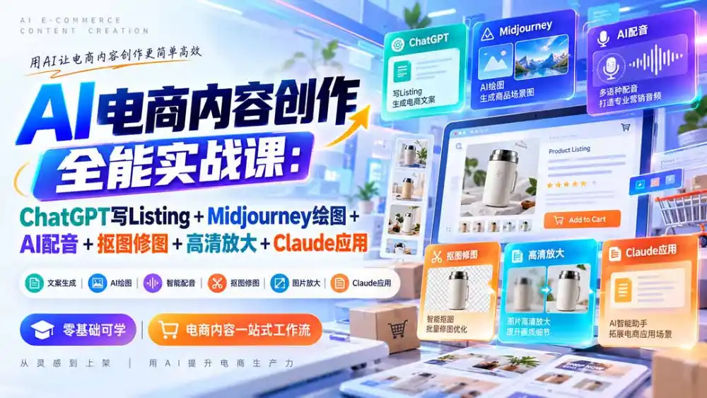 【无水印】AI电商内容创作全能实战课：ChatGPT写Listing+Midjourney绘图+AI配音+抠图修图+高清放大+Claude应用