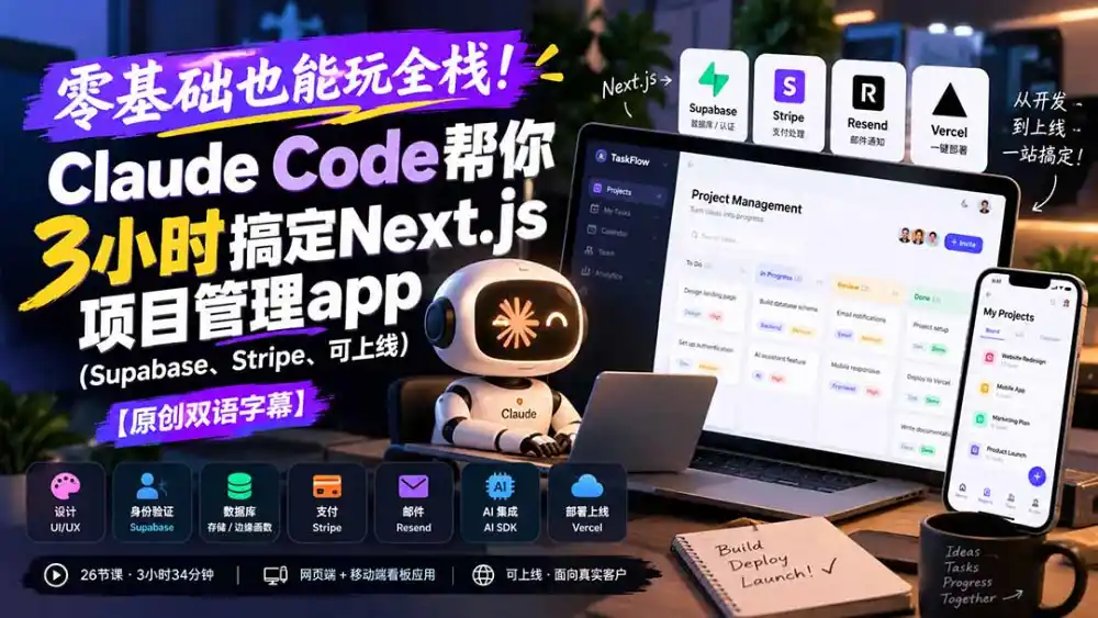 零基础也能玩全栈！Claude Code帮你3小时搞定Next.js项目管理app(Supabase、Stripe、可上线