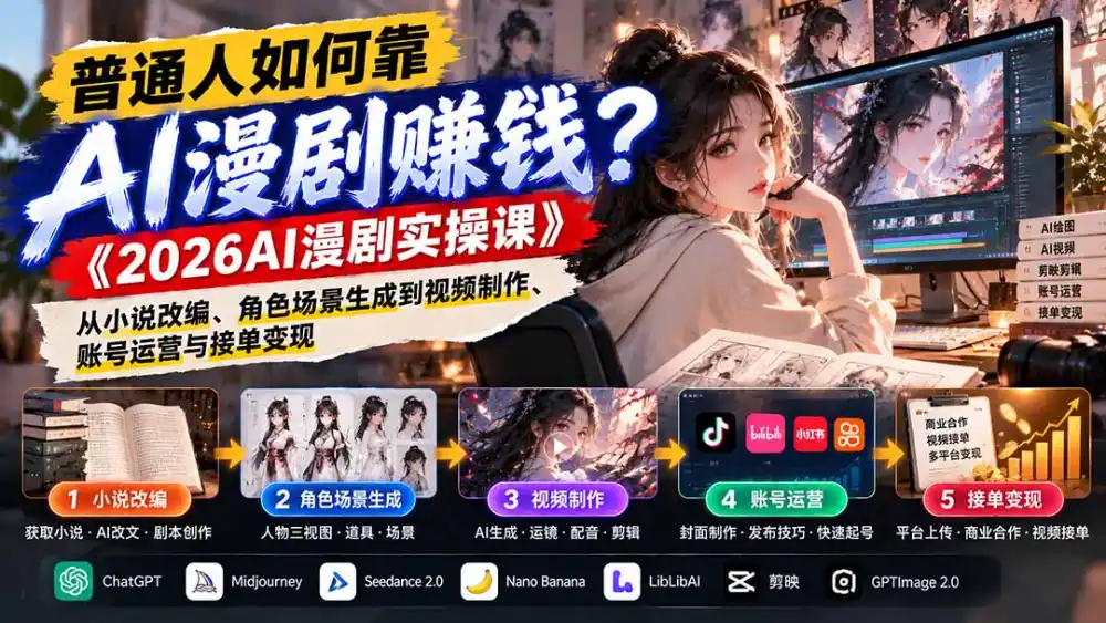 普通人如何靠AI漫剧赚钱？《2026AI漫剧实操课》从小说改编、角色场景生成到视频制作、账号运营与接单变现
