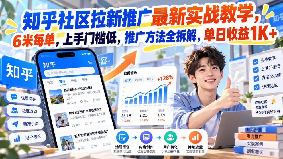 知乎社区拉新推广最新实战教学，6米每单，上手门槛低，推广方法全拆解，单日收益1K+！(更新1010)