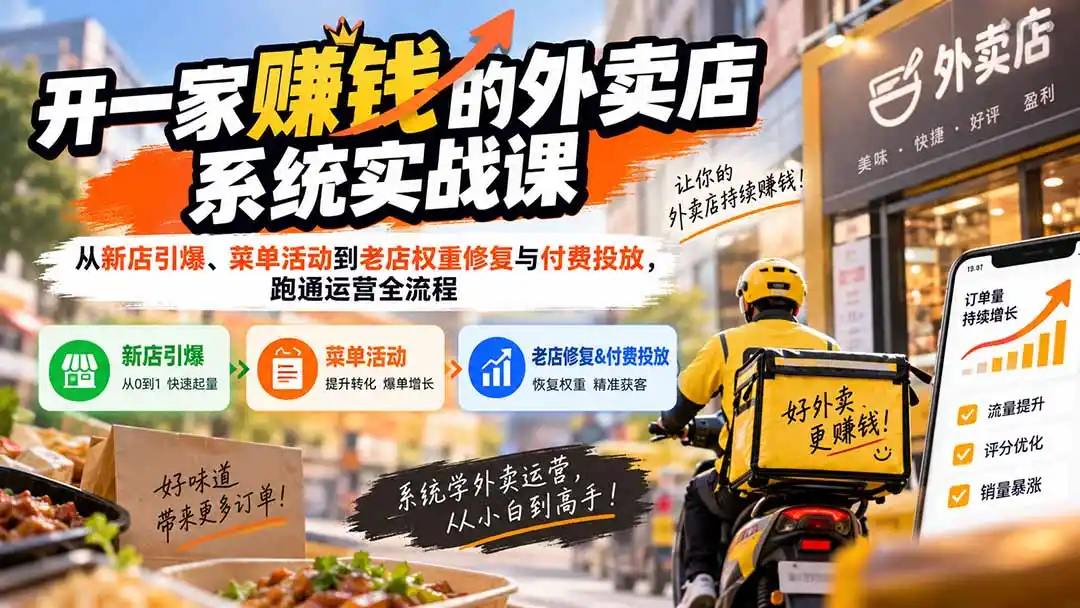 开一家赚钱的外卖店系统实战课：从新店引爆、菜单活动到老店权重修复与付费投放，跑通运营全流程