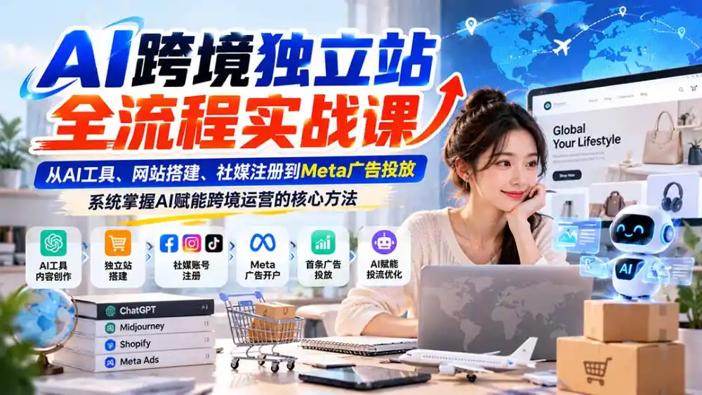AI跨境独立站全流程实战课：从AI工具、网站搭建、社媒注册到Meta广告投放，系统掌握AI赋能跨境运营的核心方法