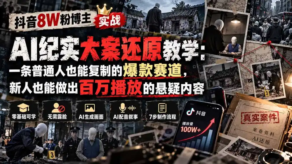 抖音8W粉博主AI纪实大案还原教学：一条普通人也能复制的爆款赛道，新人也能做出百万播放的悬疑内容