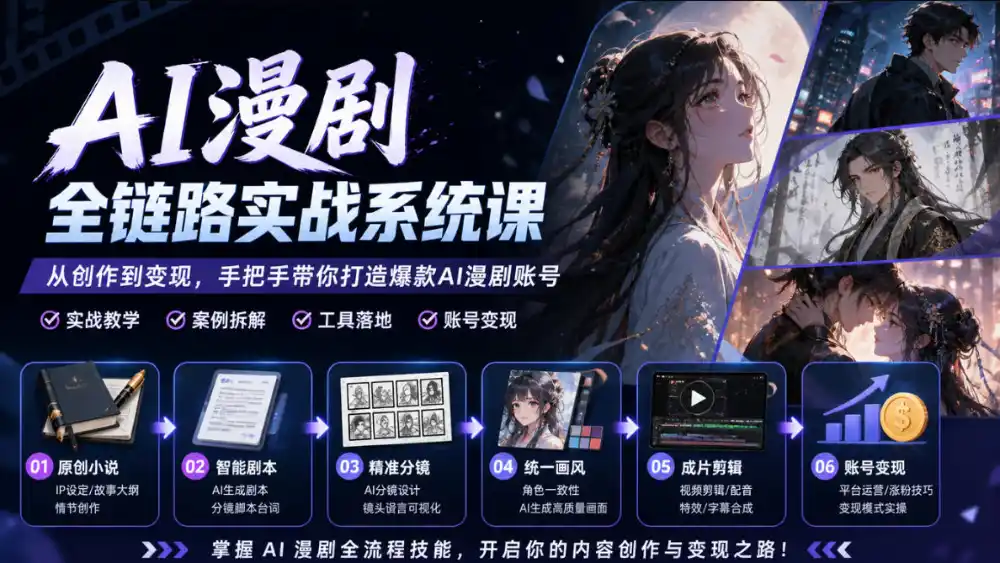 AI漫剧全链路实战系统课｜原创小说、智能剧本、精准分镜、统一画风、成片剪辑、账号变现实操教学(更新1018)